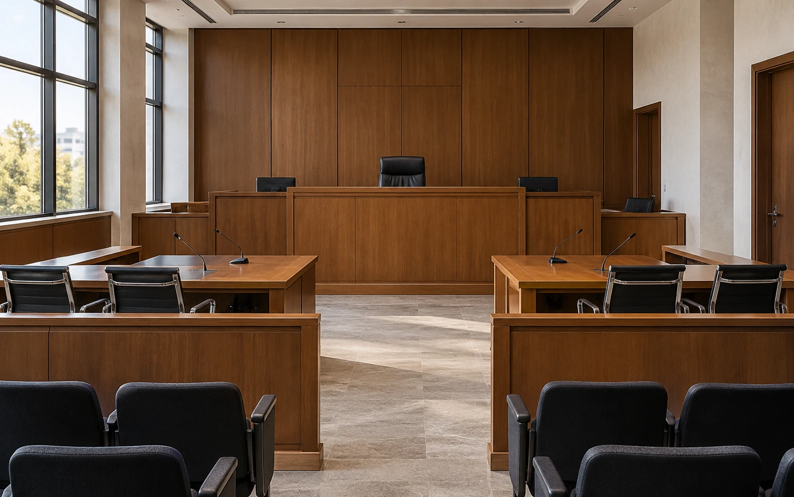 Sala de audiencias contemporánea. Composición ilustrativa; no identifica un tribunal concreto.